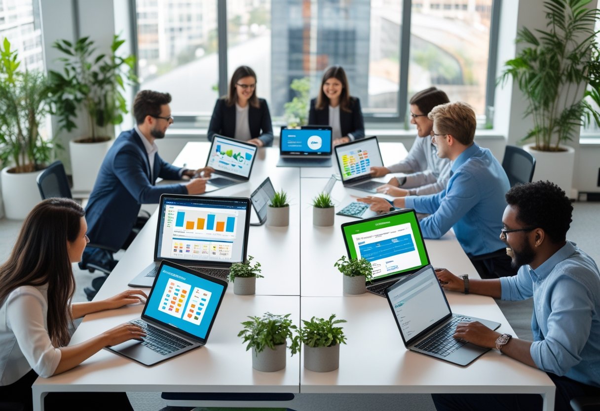 Two teams working together in a bright office, each using laptops and tablets showing different project management interfaces.