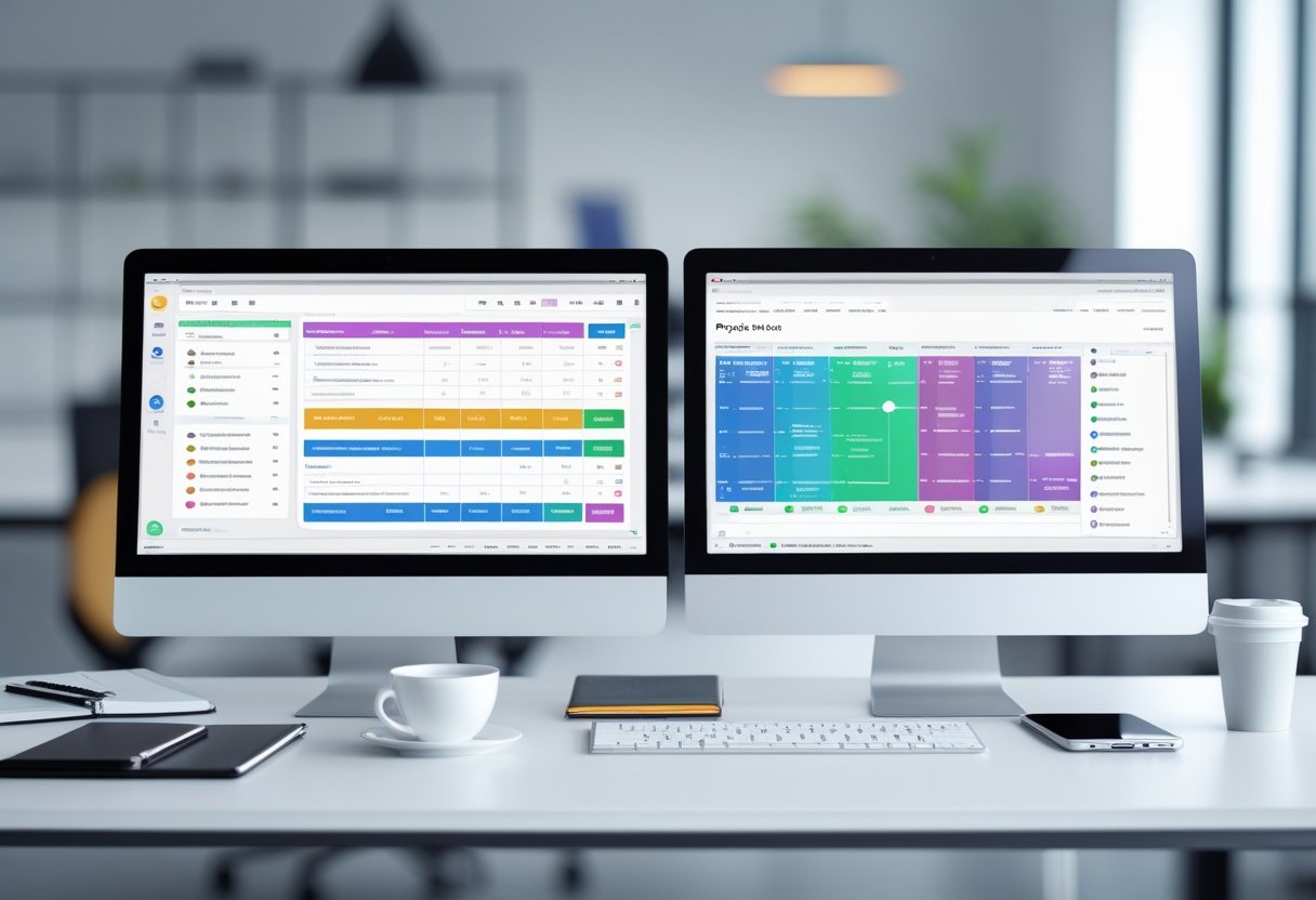 A modern office desk with two computer monitors showing different project management dashboards, surrounded by office supplies.