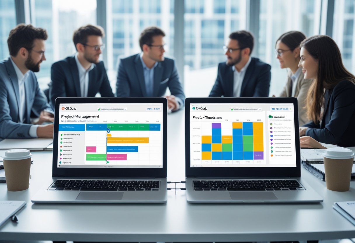 Two laptops on a desk showing project management dashboards with professionals collaborating around them in a bright office.